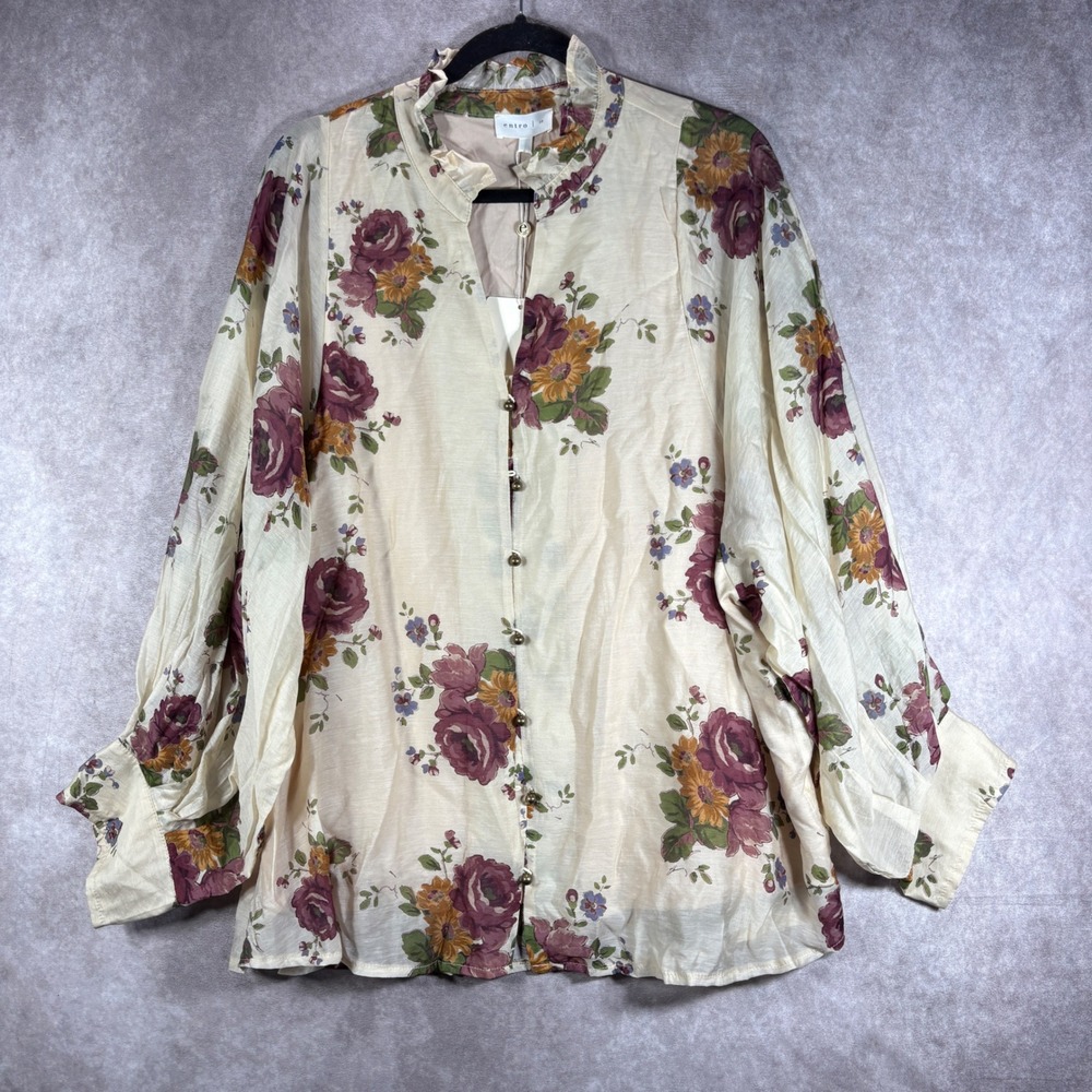 Entro Blouse Womens 1X Cream Boho City Floral Ruffle Neck Tencel Shabby Chic NEW